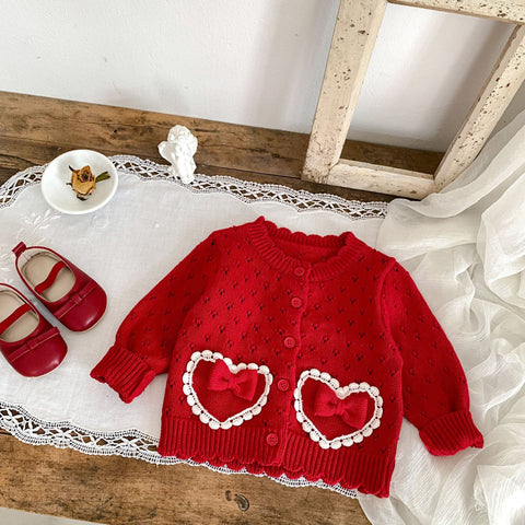 Girl's Red Love Lace Bow Knitted Coat