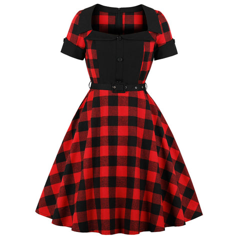 Retro Plaid square neck short sleeve skirt