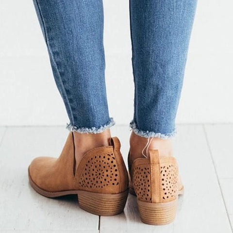 Short boots female pointed thick heel hollow