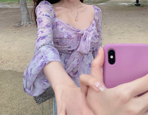 Purple Square Collar Floral Chiffon Women's Long Sleeve Printed Waist-controlled Elegant Dress