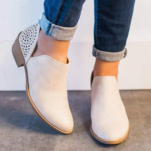 Short boots female pointed thick heel hollow