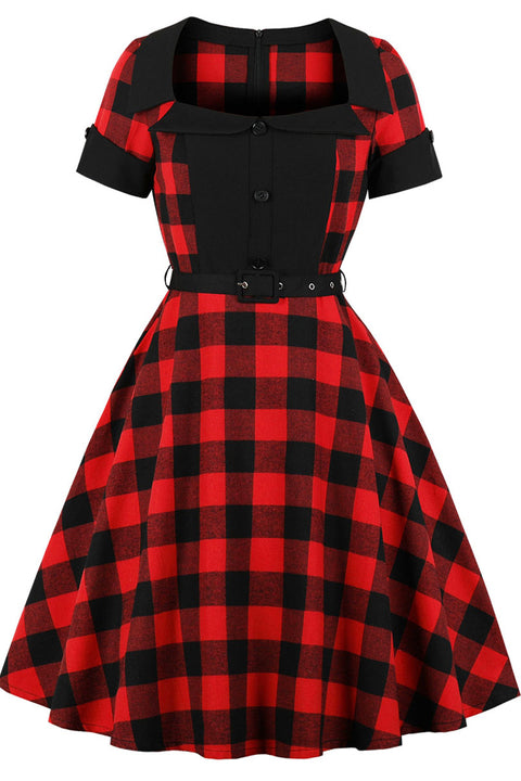 Retro Plaid square neck short sleeve skirt