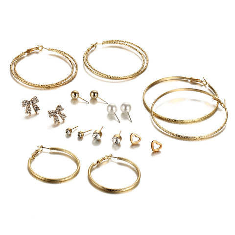 Korean earrings bow love big circle personality earrings set 9 pairs of earrings