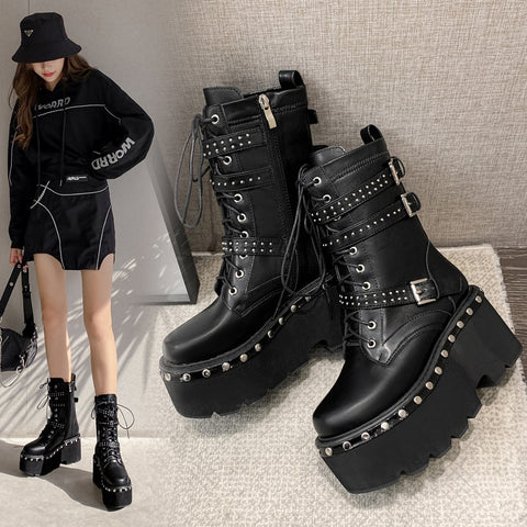 Punk Studded Platform And Fleece Martin Boots