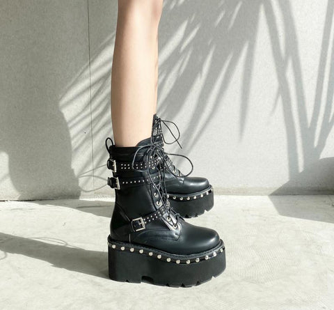 Punk Studded Platform And Fleece Martin Boots