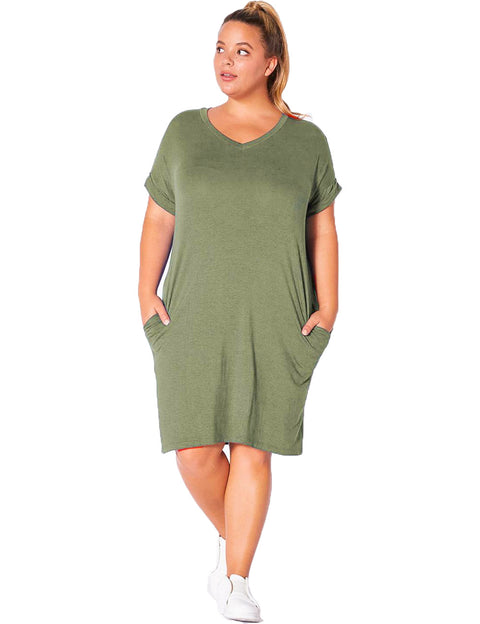 New Solid Color Dress V-neck Plus Size Women's Fat MM Short Sleeves