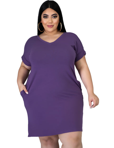 New Solid Color Dress V-neck Plus Size Women's Fat MM Short Sleeves