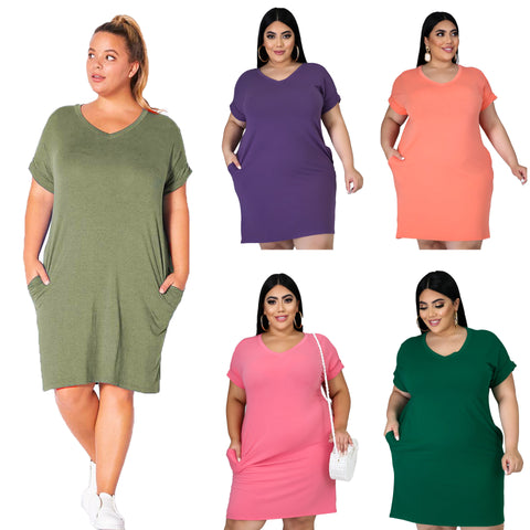 New Solid Color Dress V-neck Plus Size Women's Fat MM Short Sleeves