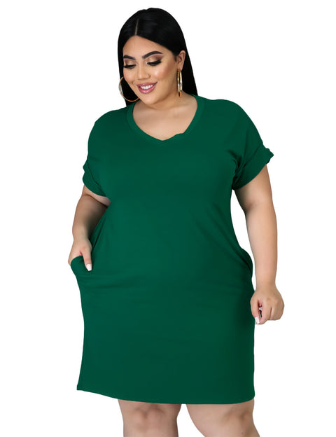 New Solid Color Dress V-neck Plus Size Women's Fat MM Short Sleeves