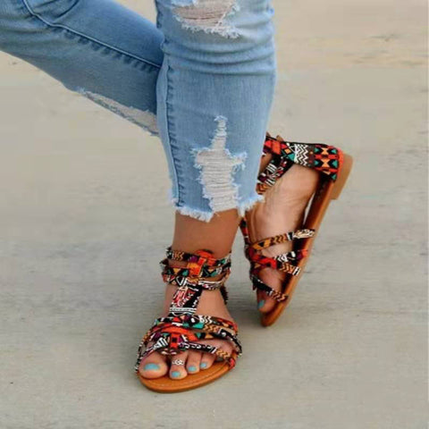 Ladies Ethnic Style Buckle Flat Roman Sandals