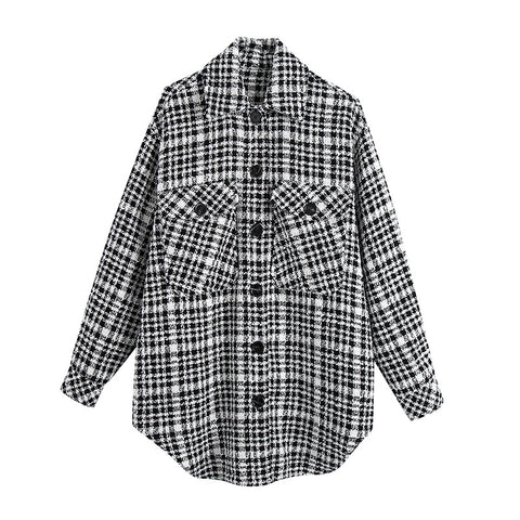 Autumn and winter European and American black and white plaid shirt coat women's autumn ins light mature wind top