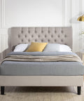 Queen Bed Frame Misty Bed Mattress Base, Light Grey | Upholstered Button Tufted Fabric Platform | Bedroom Furniture