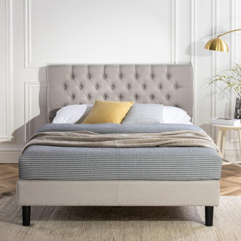 Queen Bed Frame Misty Bed Mattress Base, Light Grey | Upholstered Button Tufted Fabric Platform | Bedroom Furniture