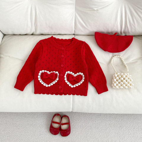 Girl's Red Love Lace Bow Knitted Coat