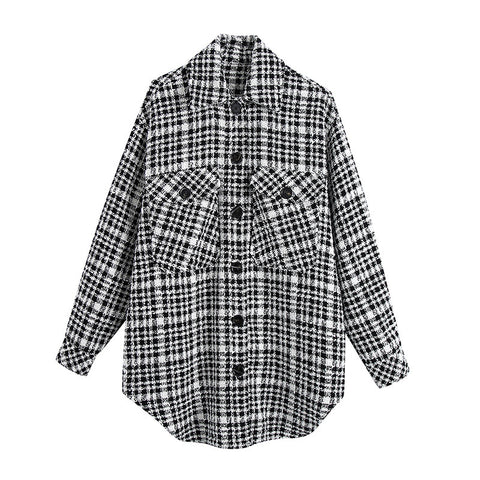 Autumn and winter European and American black and white plaid shirt coat women's autumn ins light mature wind top