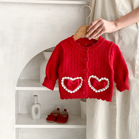 Girl's Red Love Lace Bow Knitted Coat