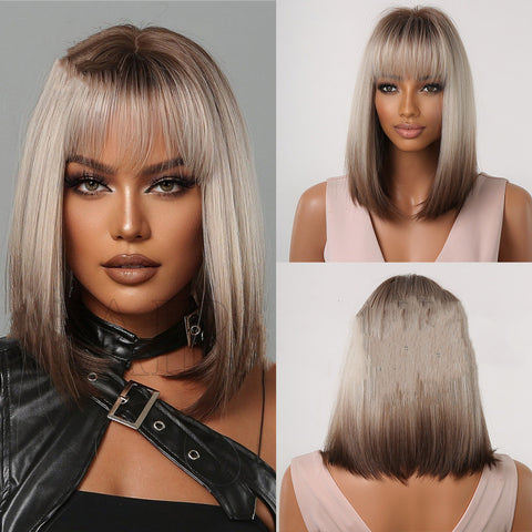 European-style Bangs Gradient Brown Shoulder-length Straight Hair