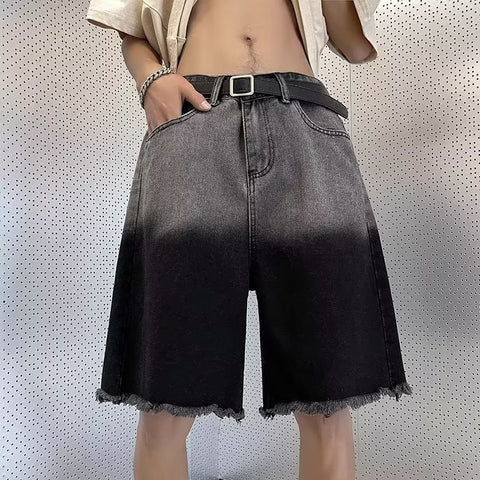 Thin Gradient Raw Edge Denim Shorts For Men
