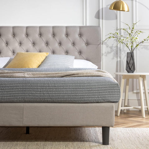 Queen Bed Frame Misty Bed Mattress Base, Light Grey | Upholstered Button Tufted Fabric Platform | Bedroom Furniture