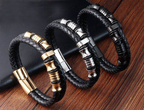 Black Leather Rope Cowhide Men's Double Layer Stainless Steel