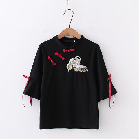 Chinese Style Mid Sleeve Top Pleated Skirt Suit