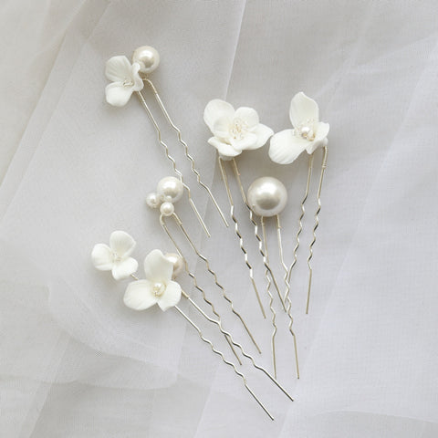 Ceramic Flower Pearl Embellished Bridal Hairpin Hair Plug Simple Hair Accessories