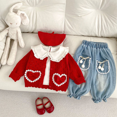 Girl's Red Love Lace Bow Knitted Coat