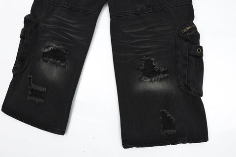 Washed Hole Denim Overalls Men