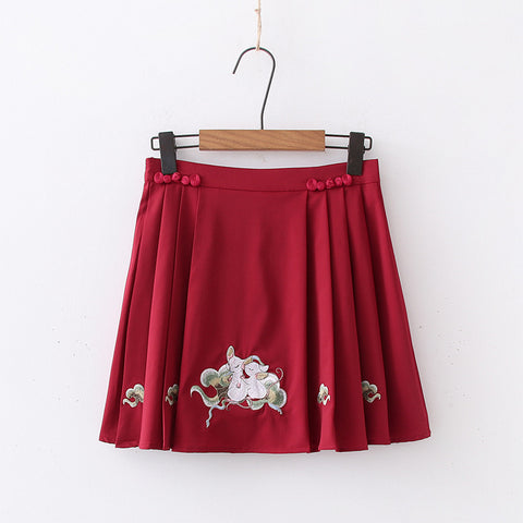 Chinese Style Mid Sleeve Top Pleated Skirt Suit