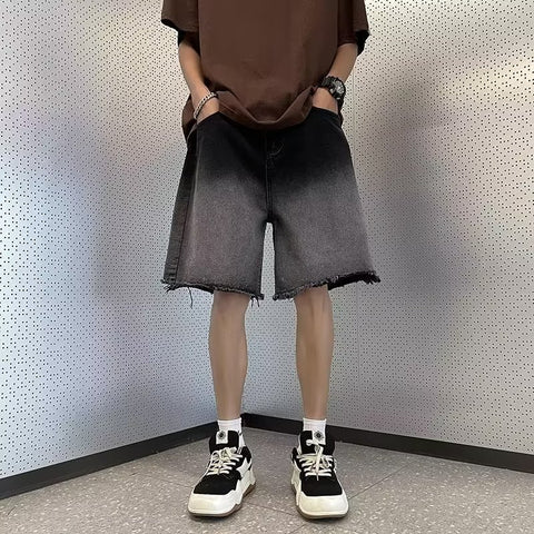 Thin Gradient Raw Edge Denim Shorts For Men