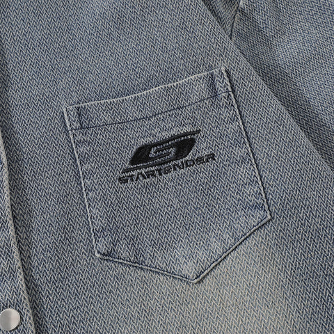 Washed And Worn Brushed White Denim Shirt Street Fashion Punk Men