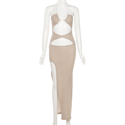 New Women's Lace-up Halter Neck Sexy Hollow Fashion Split Hip Dress