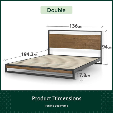 Ironline Double Bed Frame Base /Y/Metal Pine Wood Suzanne Heavy Solid Wood Platform/Bedroom Furniture Industrial