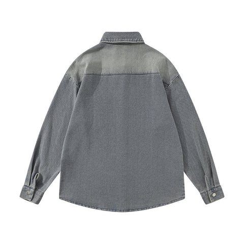 Washed And Worn Brushed White Denim Shirt Street Fashion Punk Men