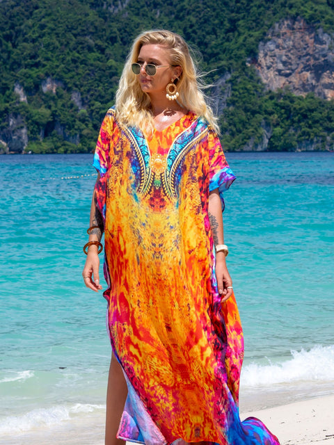 Rayon Printed Robe Seaside Holiday Sun Protection Shirt Beach Dress Bikini