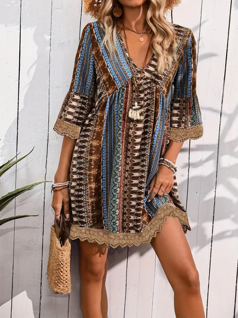 Bohemian Style V-neck Printed Dress Fashion Casual Loose Beach Dresses For Women