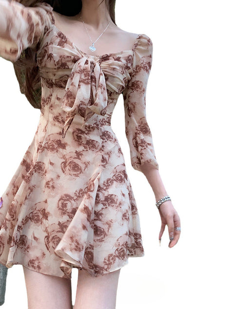 Purple Square Collar Floral Chiffon Women's Long Sleeve Printed Waist-controlled Elegant Dress
