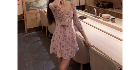 Purple Square Collar Floral Chiffon Women's Long Sleeve Printed Waist-controlled Elegant Dress