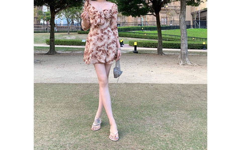 Purple Square Collar Floral Chiffon Women's Long Sleeve Printed Waist-controlled Elegant Dress