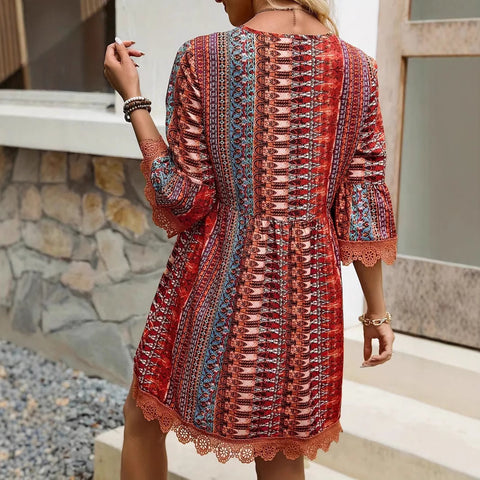 Bohemian Style V-neck Printed Dress Fashion Casual Loose Beach Dresses For Women