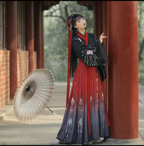 Wei Jin Style Cross Necked Long Sleeved Waist Length Skirt Set