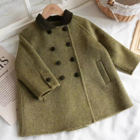 Children's Retro Army Green Woolen Coat Mid-length Woolen Coat