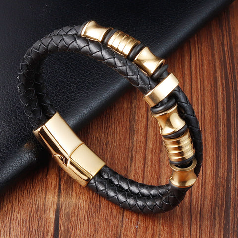 Black Leather Rope Cowhide Men's Double Layer Stainless Steel