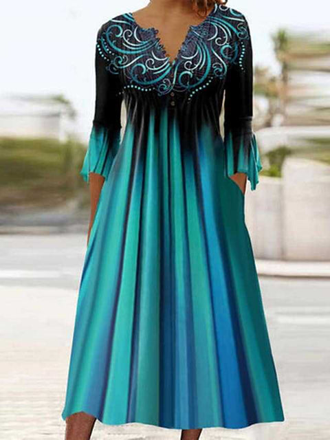 Three-quarter Sleeve V-neck Buttons Pleating Women's Clothing Dress