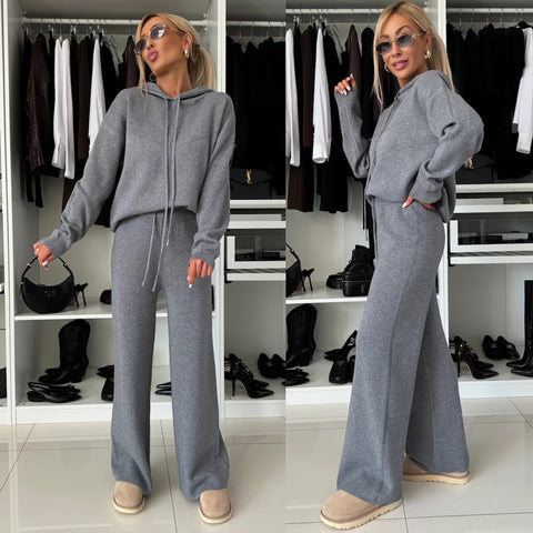 Women's Solid Color Hooded Long Sleeved Sweatshirt Wide Leg Pants Set
