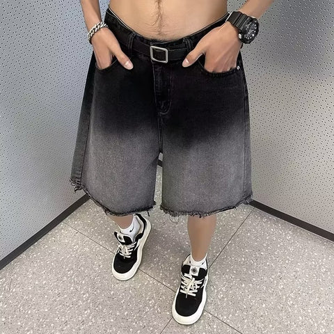 Thin Gradient Raw Edge Denim Shorts For Men