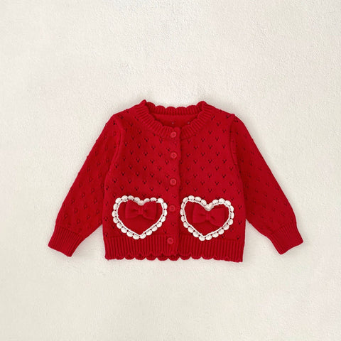 Girl's Red Love Lace Bow Knitted Coat