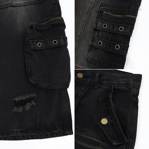 Washed Hole Denim Overalls Men