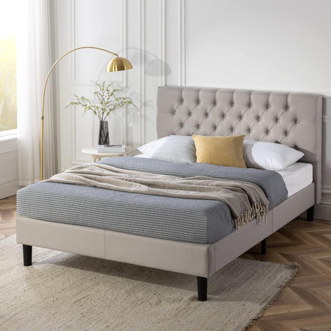 Queen Bed Frame Misty Bed Mattress Base, Light Grey | Upholstered Button Tufted Fabric Platform | Bedroom Furniture