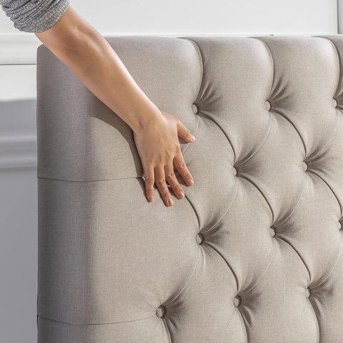 Queen Bed Frame Misty Bed Mattress Base, Light Grey | Upholstered Button Tufted Fabric Platform | Bedroom Furniture